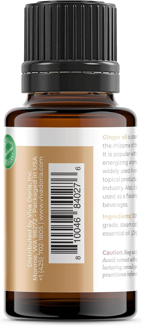 Viva Doria 100% Pure Ginger Fresh Essential Oil, Undiluted, Food Grade, Ginger Oil, 0.5 Fluid Ounce (15 mL) Natural Aromatherapy Oil...