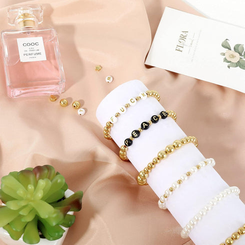 Whaline 1500Pcs Gold Spacer Beads Kit 10 Styles Bracelets Making Beads Assorted Gold White Black Spacer Beads Star Flat Beads Alphabet Letter Bead...