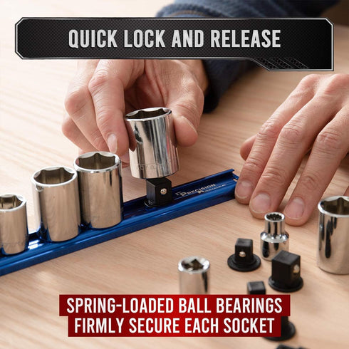 Precision Defined Aluminum Tool Socket Holder | Blue, Single 3/8-Inch Socket Organizer x 16 Clips | Heavy Duty Socket Rails Organizer, Socket Stor...