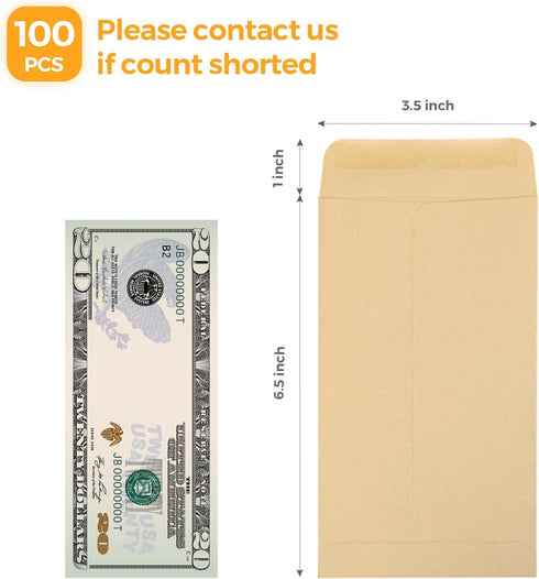 ACSTEP 100 PACK Brown Cash Envelopes 3 1/2 x 6 1/2 for Budgeting, Small Kraft Money Envelopes Self Adhesive for Cash, Coins, Check, Seeds, Money S...