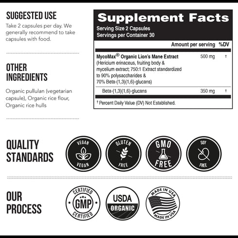 MycoMax Lions Mane Supplement - 70% Beta Glucans, Max Potency Organic Lions Mane Extract, US Grown + Ultrasonic Extraction - 500 mg serving - Supp...