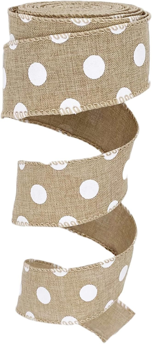 Burlap Ribbon Wired,1-1/2"x10 Yard,White Polka Dots Rustic Ribbon for Easter, Christmas, Wreath, Spring, Summer, Wedding, Baby Shower, Birthday...