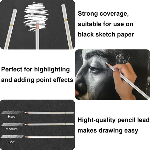 White Charcoal Pencils, Pack of 12 Charcoal Drawing Pencils, Charcoal Pencils for Artists, Art Supplies for Drawing and Highlighting, Charcoal Pen...