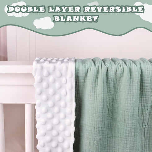 Hooyax Muslin Baby Blanket for Boys Girls, Soft Nursery Minky Blankets with Muslin Cotton Front and Dotted Fleece Backing Double Layer Warm Receiv...