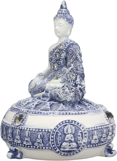 Ebros Gift Bhumisparsha Mudra Buddha Amitabha Meditating Terracotta Blue And White Round Jewelry Box Figurine 5.25"Diameter Buddhist Eastern Enlig...