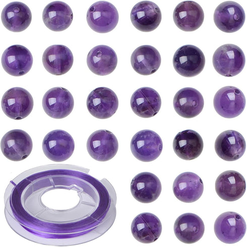 8mm 100pcs Natural Stone Beads Amethyst Round Genuine Stone Beading Loose Gemstone Hole Size 1mm DIY Charm Smooth Beads for Bracelet Necklace Earr...