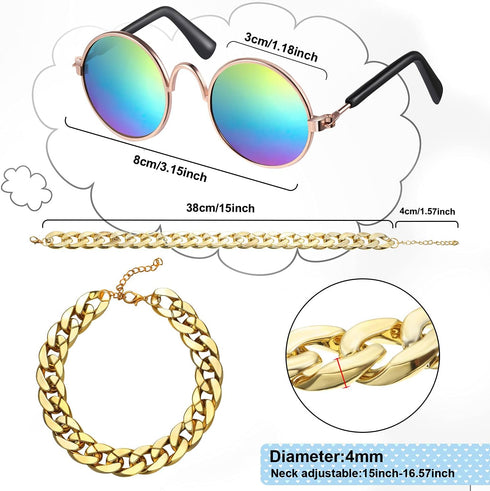 7 Pieces Dog Costume Set Include Adjustable Gold Pet Chain and Funny Cute Cat Small Dog Sunglasses Retro Pet Sunglasses for Cat Puppy Small Medium...
