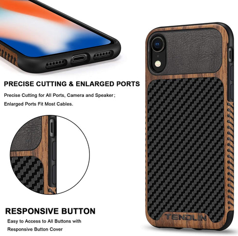 TENDLIN Compatible with iPhone XR Case Wood Grain with Carbon Fiber Texture Design Leather Hybrid Slim Case Compatible with iPhone XR (Carbon & Le...