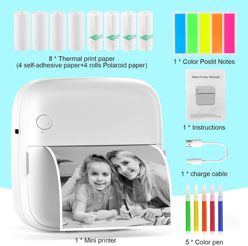 HuiJuKeJi Mini Sticker Printer with RGB Light Pocket Inkless Thermal Printer for iOS&Android, 9 Rolls Thermal Paper?5 Color Pens, Bluetooth Smart ...