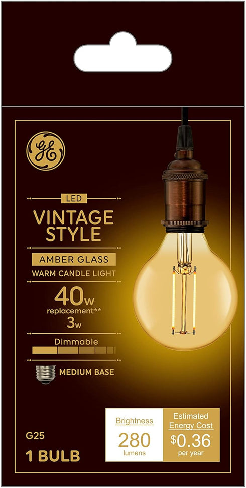 GE Vintage Style LED Light Bulb, 40 Watt, Amber Finish, G25 Globe Bulb (1 Pack)...