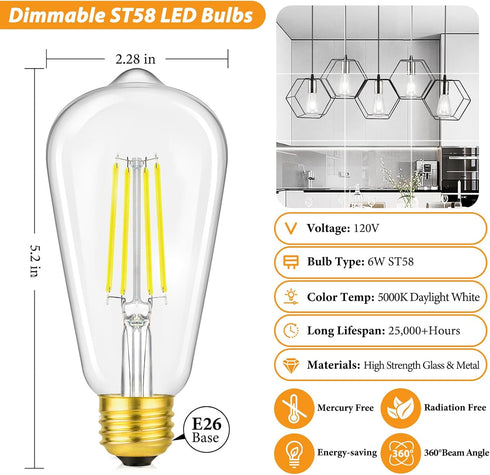 Vintage LED Edison Light Bulbs Dimmable 6W, Equivalent 60W Incandescent, ST58 Antique LED Bulb Daylight White 5000K, LED Filament Bulb E26 Base, C...