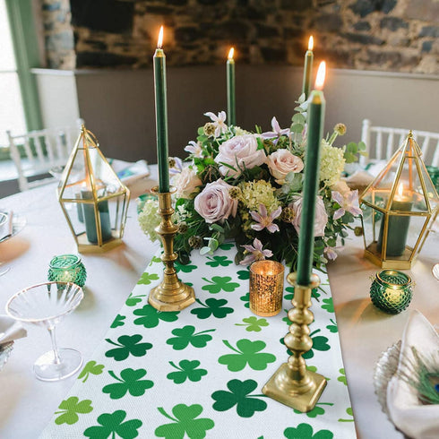 St Patrick's Day Green Shamrocks/Clover Table Runners Cotton Linen Non-Slip Rectangle Dresser Scarves for Spring Party Holiday Kitchen Dining Banq...