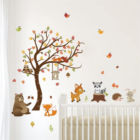 decalmile Forest Animals Tree Wall Decal Fox Deer Fall Leaves Wall Stickers Baby Nursery Kids Bedroom Classroom Wall Decor (H: 31 Inches...