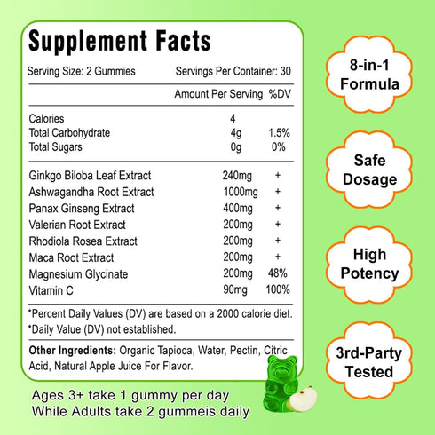 2 Pack Ginkgo Biloba Gummies with Ginseng Maca Root & Magnesium Organic Ginko Biloba Supplements Gummies for Brain Focus Energy Mood Memory - Adul...