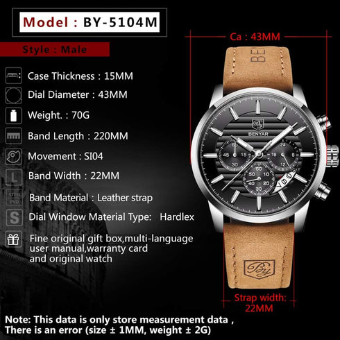 BENYAR Quartz Chronograph Waterproof Watches Business and Sport Design Leather Band Strap Wrist Watch for Men...