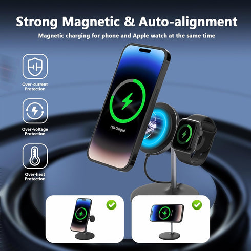 Magnetic Wireless Charger for iPhone-2 in 1 Foldable MagSafe Wireless Charging Station for iPhone/Apple Watch, Detachable 15W Fast Travel Charging...