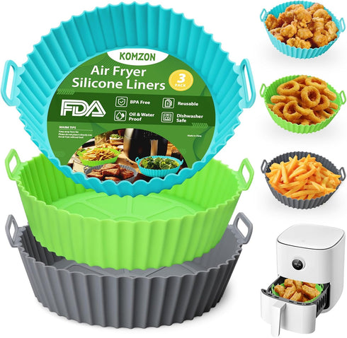 3 Pack Air Fryer Silicone Liners, 8Inch Airfryer Liners, Silicone Air Fryer Basket Liners, Reusable Food Grade Air Fryer Pots Oven Liner Baking Tr...