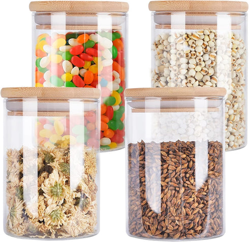 4 Pack Glass Storage Jars with Airtight Bamboo Lid, 27 OZ Glass Kitchen Canisters, Clear Container for Coffee Bean Storage, Dry Goods, Cookie, Can...