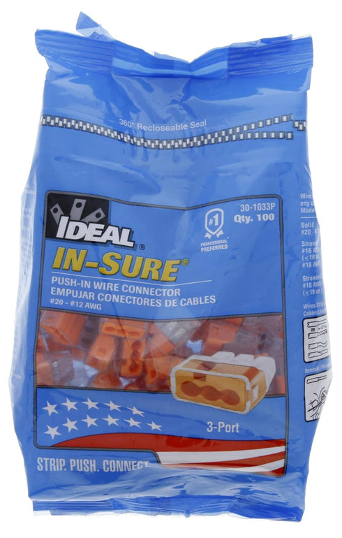 IDEAL Electrical 30-1033P Orange in-Sure Push-in 3-Port Connectors (100-Pack)...