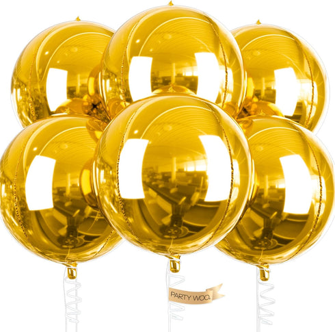 PartyWoo Metallic Gold Foil Balloons 6pcs 22 Inch Large Round Foil Big Giant Orbz 4D Jumbo Inflatable Mirror Ball Mylar Balloons for Graduation Bi...