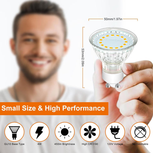 GU10 Light Bulbs Non-Dimmable, 6-Pack GU10 LED Light Bulbs 50watt Equivalent for LED Recessed Track Lighting 2700K Warm White, 4W 120V LED Bulbs w...