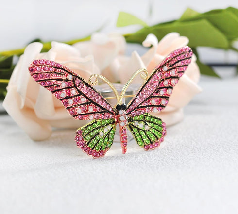 Gyn&Joy Gold Tone Pink Green Crystal Rhinestone Butterfly Pin Brooch...