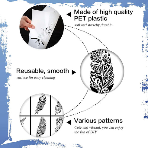 6PCS Feather Stencils for Painting, 10.2 * 7 Inches Mandala Stencils Reusable Painting Templates Beautiful Large Stencils for Painting on Wall, Wo...
