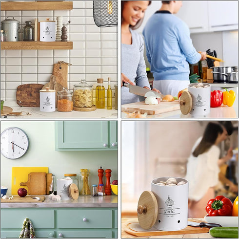 OwnMy White Garlic Keeper with Wooden Lid, Metal Garlic Storage Container for Counter, Large Garlic Keeper Garlic Saver Garlic Container for Kitch...