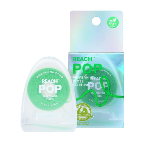 REACH POP Dental Floss, Peppermint, Vegan Wax, Plaque Remover, PFAS-Free, Shred Resistant, Cruelty Free, Eco Friendly PCR Packaging Floss Holder, ...
