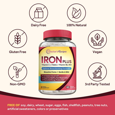 Doctor's Recipes Iron Supplement, with Vitamin C, B6, Folate & B12, Non-Constipating, Stomach Friendly, Gentle Iron Pills for Iron Deficiency, Blo...