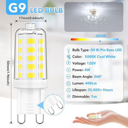 MAXvolador G9 LED Bulb Dimmable, Cool White 5000K, 40W T4 Halogen Equivalent, Bi Pin Base 4W G9 Light Bulbs for Chandelier Lighting, 400LM, 6 Pack...