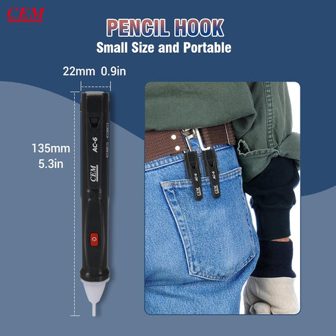 Non-Contact Voltage Detector Pen, CEM AC-6 Voltage Tester, 50V to 1000V AC, Audible and Flashing LED Alarms, Pocket Clip, Green, Red, 5.3X 0.74x0....