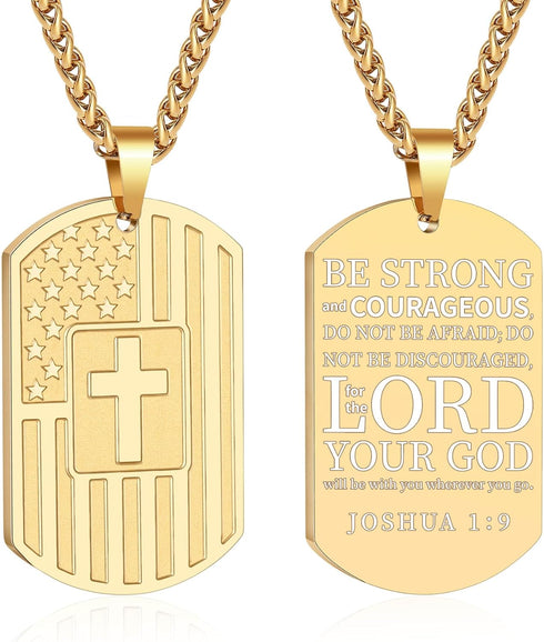 DuoDiner American Dog Tag Necklace Bible Verse Pendant, Men Stainless Steel Cross Patriotic Flag Jewelry Gift 24 Inches Chain...