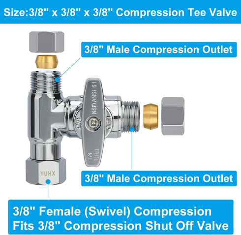 Brass Angle Stop Add-A-Tee Valve,3/8 x 3/8" x 3/8 Compression Water Splitter...