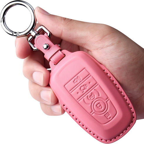 Tukellen for Ford Leather Key Fob Cover with Keychain Compatible with Ford Explorer Mustang Fusion Escape F150 F250 F350 F450 F550 Edge-Pink...