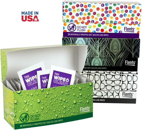 Flents Wipe N Clear Lens Wipes, 25 Count, Assorted Box Patterns for Glasses, Sunglasses, and Camera Lenses, Streak-Free, Anti-Fog, Portable Cleani...