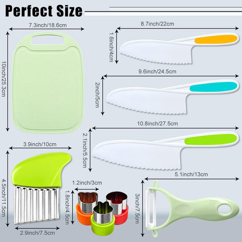 9 Pcs Kids Kitchen Knife Set, Kids Knives For Real Cooking With Cutting Board, Y Peeler, Crinkle Cutter, Sandwich Cutter, Serrated Edges Plastic T...