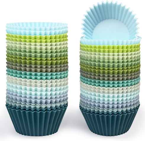 qiqee 24-Packs Reusable Silicone Cupcake Liners 12 Solid Morandi Green Blue Colors Cupcake Baking Cups Silicone Muffin Liners (12 Colors)...