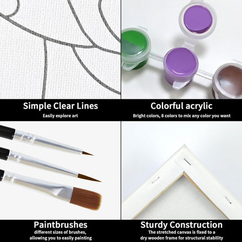 VOCHIC Paint and Sip kit Pre Drawn Canvas Painting Kit for Adults Painting Party Supplies Kit with Picture to Paint 1 Easel, 8 Acrylic Colors,3 Br...