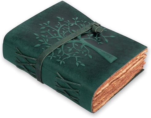 LEATHER VILLAGE Tree of Life Journal - 6 X 4 (A6) inches - Turquoise - 200 Antique Deckle Edge Handmade Paper – Book of Shadows - Vintage Leather ...