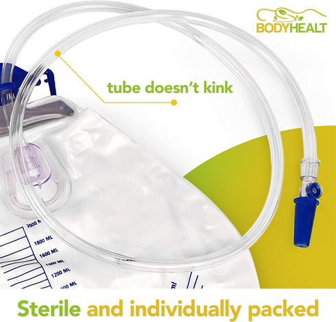 BodyHealt Foley Catheter Bag - Urinary Drainage Bag with Anti-Reflux Chamber - Urine Bag with 2000 mL Volume, 48" Drainage Tube - Catheter Bags fo...