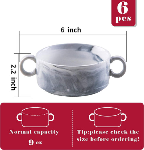 Yundu 9 Ounce Bowls with Handles,Ceramic Bowl for Soup, Souffle, Cereal, Stew, Chill, Ramekins, Set of 6, Grey Marble...