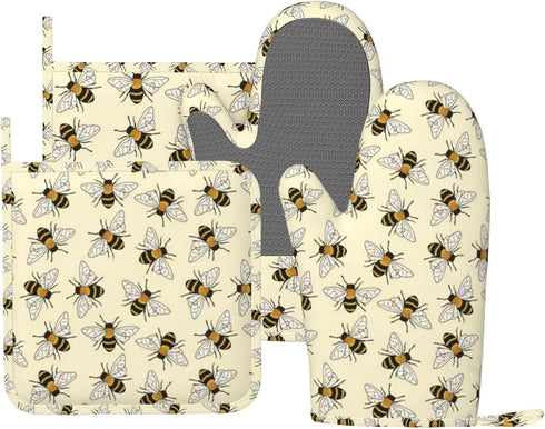 Happy Busy Bees Oven Mitts and Pot Holders Sets Silicone Bees Kitchen Mitts Bees Potholders Heat Resistant 4Pcs Bees Oven Gloves Hot Pads for Kitc...