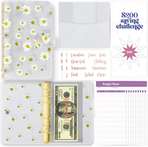SOUL MAMA PVC A6 Budget Binder with Cash Envelopes for Budgeting - Cute Daisy Yellow Money Organizer for Cash Budget Binder, Clear Budgeting Plann...