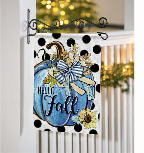 Hello Fall Teal Blue Pumpkin Decorative Garden Flag, Autumn Polka Dots Farmhouse Yard Outside Decorations, Thanksgiving Seasonal Blue Burlap Outdo...