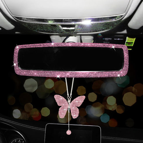2 Packs Bling Bling Car Rear View Mirror with Rhinestone Crystal Butterfly Rear View Mirror Decor Accessories for Women,Car Interior Trim.Pink...