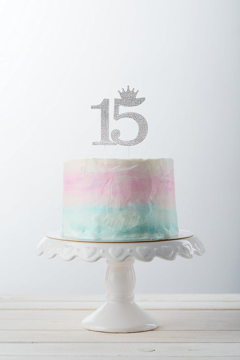 Number 15 Quinceanera Rhinestone Princess Crown Monogram Cake Topper - Sweet 15th Birthday Party (Silver)...