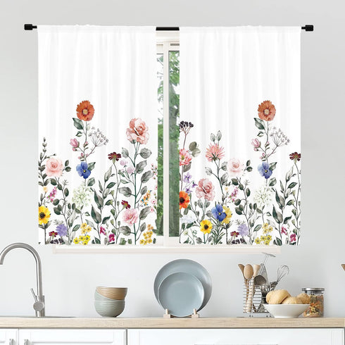 Cinbloo Watercolor Floral Kitchen Curtain Flower Cafe Curtain Rod Pocket 27.5W x 39L Rustic Plants Spring Blossom for Girl Woman Botanical Wildflo...