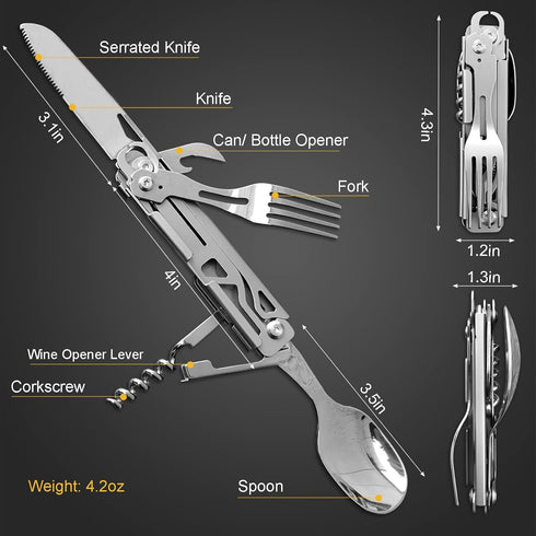 6-in-1 Detachable Camping Utensils Flatware Set - Multi-Function Travel Pocket Cutlery Folding Spoon, Fork, Knife, Wine Bottle Opener Can Opener P...