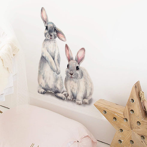 ROFARSO Lifelike Lovely Cute Two Bunnies Rabbits Animal Wall Stickers Removable Wall Decals Art Decorations Decor for Nursery Baby Bedroom Playroo...